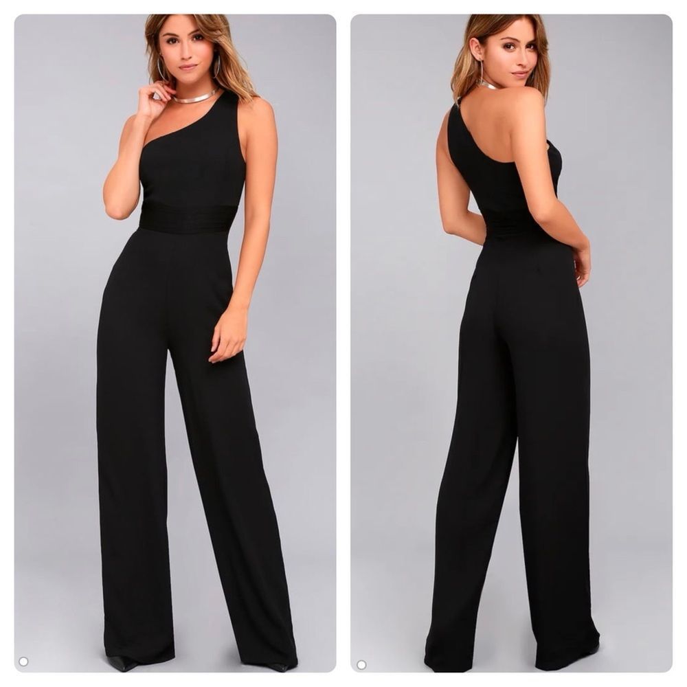 Lulus One Shoulder Black Wide-Leg Jumpsuit Size XS